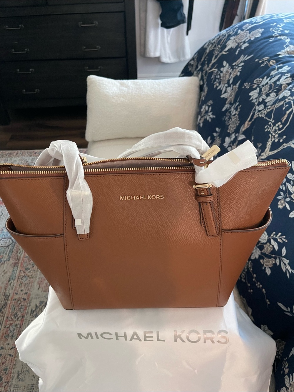 Michael Kors Cognac Leather Tote with Gold Hardware